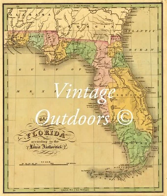 Antique 1827 Map Of old Territorial Florida Reproduction 8.5 X 11 Color - Image 1 of 3