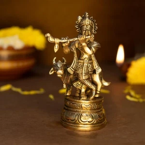 Home Decor 100% Pure Brass Lord Krishna Idol with Flute - Picture 1 of 5