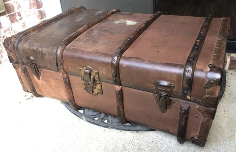 Large Antique Steamer Travel Trunk, Shipping Trunk, Travel Suitcase, etc. As Is Cover
