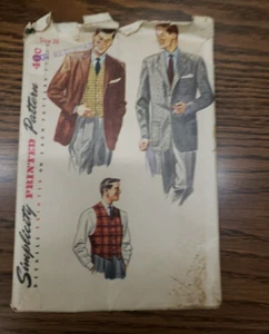 Chaqueta y chaleco para hombre talla 36 con patrón de costura Simplicity de la década de 1950 # 4107 - Imagen 1 de 9