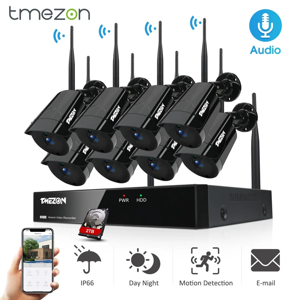 Sistema de cámara de audio de vigilancia de seguridad inalámbrico de 3 MP 8 CANALES para exteriores IR noche 2 TB Foto 1 de 4
