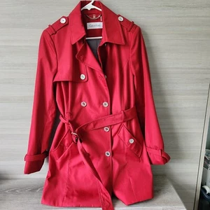 Calvin Klein Trench Coat Womens Medium Belted Long Sleeve Red Double Breast FLAW - Picture 1 of 20
