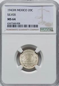 MEXICO ESTADOS UNIDOS 1943  20 CENTAVOS COIN, NGC CERTIFIED UNCIRCULATED, MS64 - Picture 1 of 2