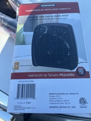 Konwin Calentador Eléctrico Compacto 1500 W 120 V Ventilador Termostato Ajustable Foto 1 de 2