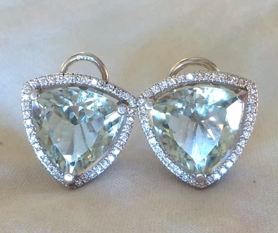 Brincos de ouro branco 14K com halo de diamante prasiolita - 9,40 gms, 0,70 pol, 10,40 ctw - Imagem 1 de 4