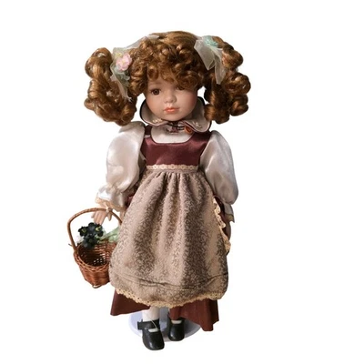 Vintage Porcelain Doll Young Girl Brown Curls Basket Flowers Outfit Heirloom 14" - Image 1 of 4
