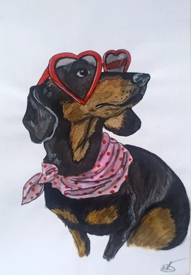 Dachshund perro retrato animal pintura original arte pintado a mano 8x5,5"" Foto 1 de 4