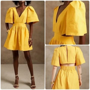 Banana Republic Cut Out Dress Size 10 Yellow Puff Short Sleeve Architecture $220 - Picture 1 of 10