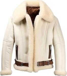 Men’s Real Sheepskin Leather Cream Aviator B3 Bomber Jacket with Faux Shearling - Picture 1 of 3