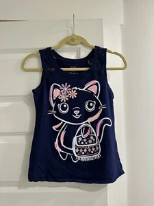 Justice Girls Cat Glitter Graphic Tank Top Lace Shoulder Insert Youth Kids 14 - Picture 1 of 3