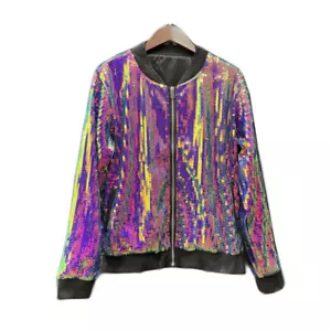 Womens Sequin Jacket Long Sleeve Zip Sparkly Blazer Coat with Pockets - Picture 1 of 10