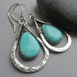Hammered Teardrop Turquoise Stone Dangle Drop Earrings Silver - Picture 1 of 7