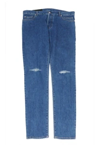 Balmain Men Slim Jeans Size 33x34 Blue Indigo Knee Slashed Distressed Logo Denim - Picture 1 of 8
