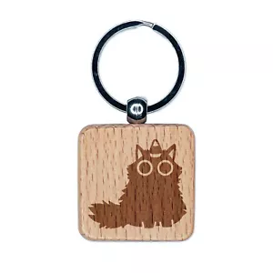 Fluffy Black Cat Candy Corn Unicorn Horn Halloween Engraved Wood Square Keychain - Picture 1 of 6