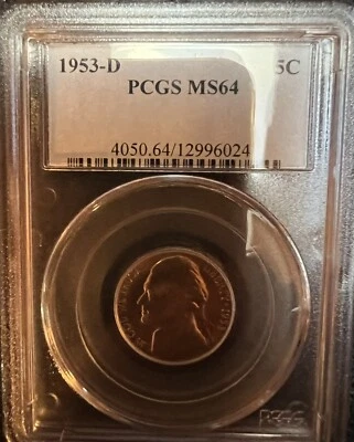 Certified 1953 D Jefferson Nickel PCGS MS-64 Free Shipping 72 Years Old KM A192 - Image 1 of 4