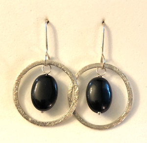 VTG Sterling Silver Earrings Black Bead Satin Textured Circle 1.5" 5g 925 5204