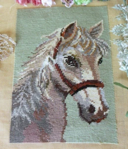 Vivid White Horse Head Hand Crafted Completed Needlepoint Canvas Tapestry - Picture 1 of 4