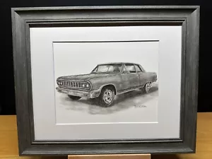 Dibujo de un Chevrolet Chevelle 1964 grafito arte a lápiz boceto impresión de imagen - Imagen 1 de 18