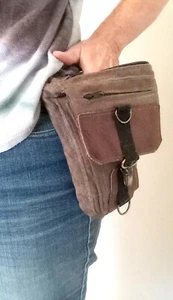 Faux leather & waxed canvas belt bag with brass steampunk hardware - Brown - Picture 1 of 8