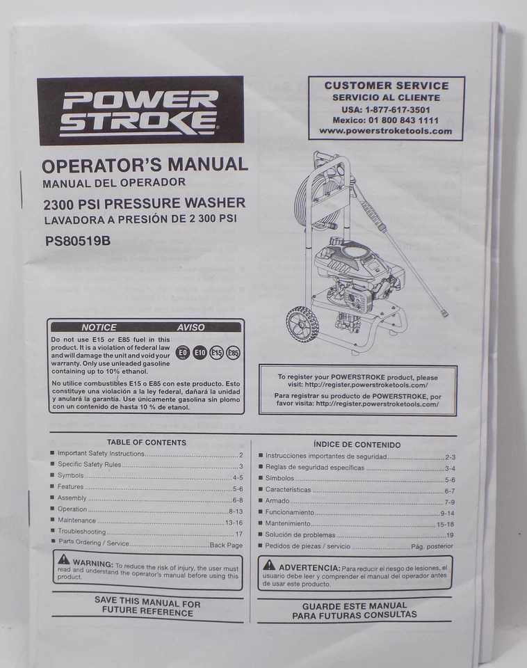 POWER STROKE / 2300 PSI / LAVADO A PRESIÓN / MANUAL DE INSTRUCCIONES / INGLÉS Y ESPAÑOL Foto 1 de 2