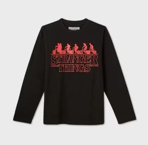 NEW Boys Stranger Things Graphic Shirt sz XS black long sleeves red logo - Picture 1 of 3