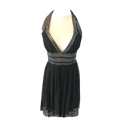 Adrianna Papell Evening Women Black Halter Sequin Silk Dress size 4P Backless - Image 1 of 4