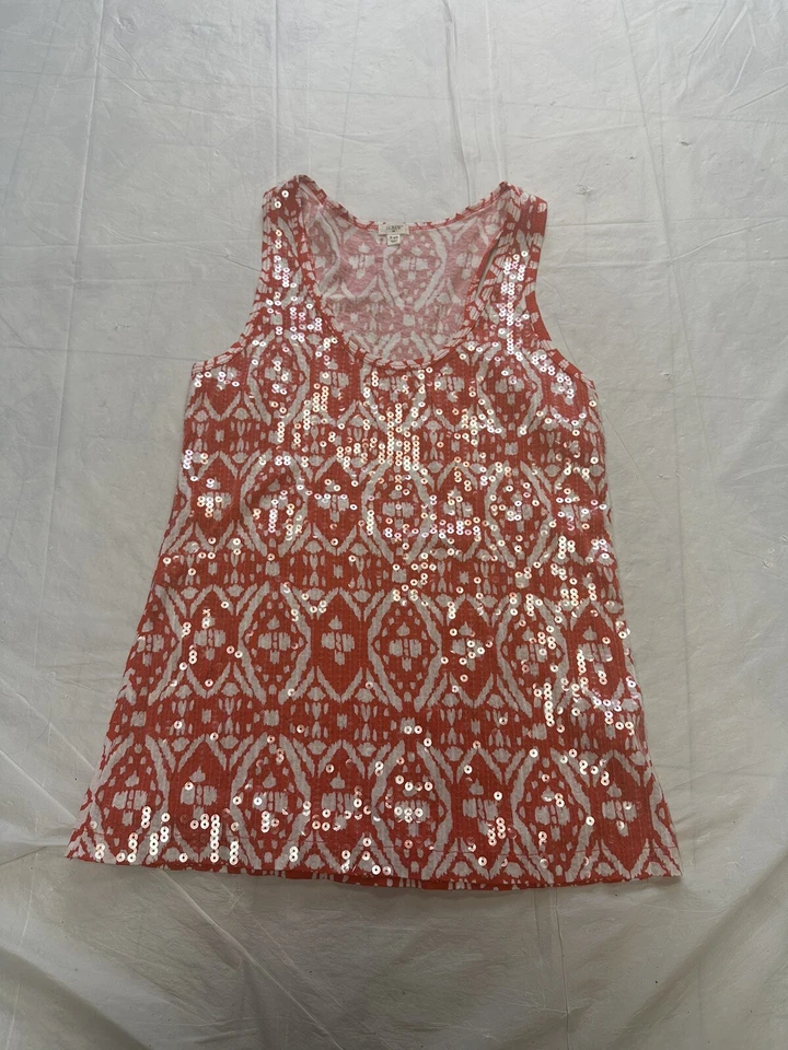 Regata J Crew L lantejoulas estampa diamante sem mangas gola redonda casual algodão - Imagem 1 de 4