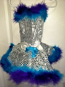 COSTUME GALLERY GIRLS TUTU LEOTARD 1 PC feather trim blue purple SILVER SMALL @@ - Picture 1 of 2