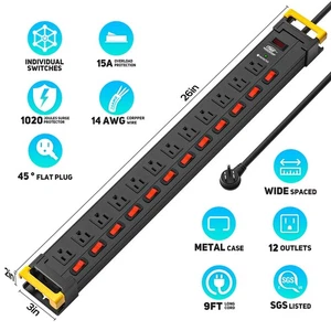 6-12 Outlet Individually switched Metal Power Strip , 6FT Power Cord/14AWG/1875W - Picture 1 of 14