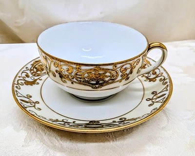 Antique Noritake “Christmas Ball” Teacup & Saucer Hand Painted 16034 22k Gold  - Image 1 of 4
