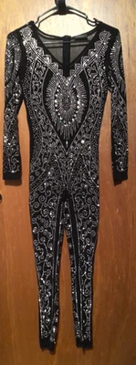 Mono Dellore Negro Estrás Brillante Festivo Spandex Transparente Una Pieza Cremallera S Foto 1 de 4