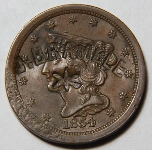 1854 US Braided Hair Half Cent 1/2c Nice Detail Counterstamped J. Bramble -4043- - Picture 1 of 2