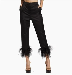 Kate Spade Black Tech Satin Feather-Trim Pants Size 6 NWT - Picture 1 of 10