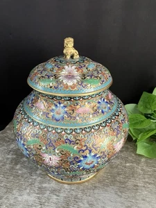 Antique Handmade Chinese Foo Dog Enamel Cloisonné Ginger Jar 9” - Foto 1 di 10