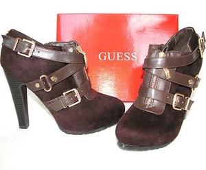 NEW GUESS MARISSA BROWN SUEDE-LIKE+STRAPS+GOLD BUCKLES HIGH HEEL BOOTIE SHOES - Picture 1 of 1