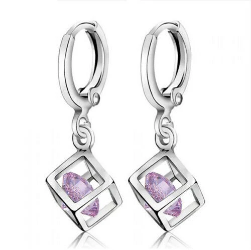 Cute New Silver White Gold Filled Pink CZ Cube Charm MIni Hoop Dangle Earrings - Image 1 of 1
