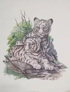 SIGNED FINE ART LIMITED EDITION W.D. GAITHER WHITE TIGER CUBS PRINT WILDLIFE - Picture 1 of 8