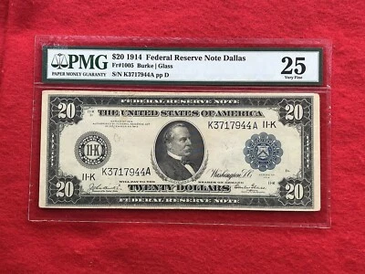 FR-1005 1914 Series KEY DALLAS BURKE-GLASS $20 Federal Reserve Note *PMG 25 VF* - Image 1 of 2