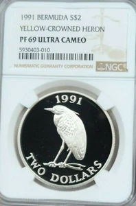 1991 BERMUDA SILVER 2 DOLLARS YELLOW CROWNED HERON NGC PF 69 ULTRA CAMEO TOP  - Picture 1 of 4