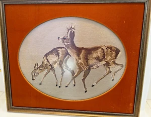 Vintage Embroidery Art Deco MCM Deer Custom Framed Deep Gold Velvet Matte 21x25 - Picture 1 of 12