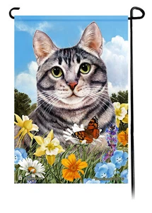 Bandera de jardín con flores de verano - gato atigrado plateado - Imagen 1 de 1