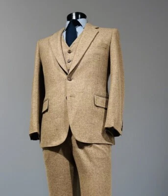 John Weitz Wool Tweed Brown 3 Piece Vest Flat Front Mens Suit 38 R Made In USA - Image 1 of 4