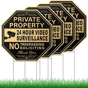 4 Pack 12x12 Inch Private Property Sign No Trespassing with Stakes for Yard Lawn - Picture 1 of 12