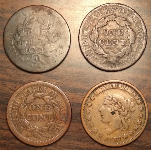 PROFANE 1837 HT Token + 3 U.S. Large Cents. 1803 Draped, Matron, Braided lot/set Cover
