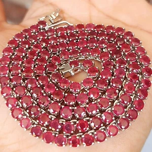 Round cut Natural Ruby gemstone tennis Necklace sterling 925 silver - Picture 1 of 8