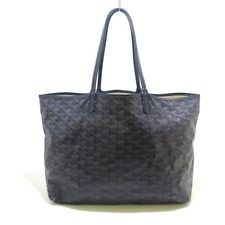 Auth GOYARD Saint Louis PM Navy White Brown Coated Canvas Leather Tote Bag