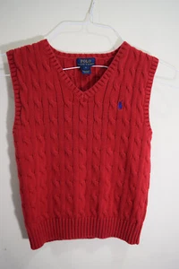 Polo Ralph Lauren BOYS S 6 Sweater V-Neck Vest Red Cable Knit Cotton - Picture 1 of 9