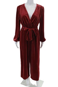 Ali & Jay Womens Striped Long Sleeves V Neck Belted Jumpsuit Red Size Medium - Picture 1 of 7