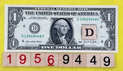 UNC 1956 Year Radar D 19569449 F 4s Fancy Serial Number $1 Dollar Bill 2021 FRN - Image 1 of 4