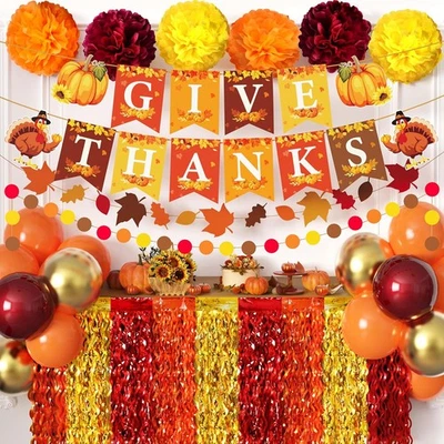 Decoraciones de fiesta de otoño con 2 piezas faldas de mesa con flecos de aluminio rojo, naranja, dorado  Foto 1 de 4